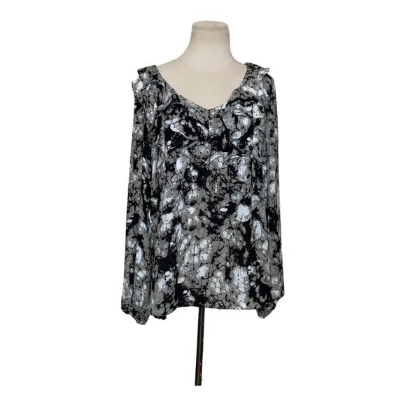 Anne Klein black abstract print ruffled neck long sleeves blouse size Large - Picture 4 of 11